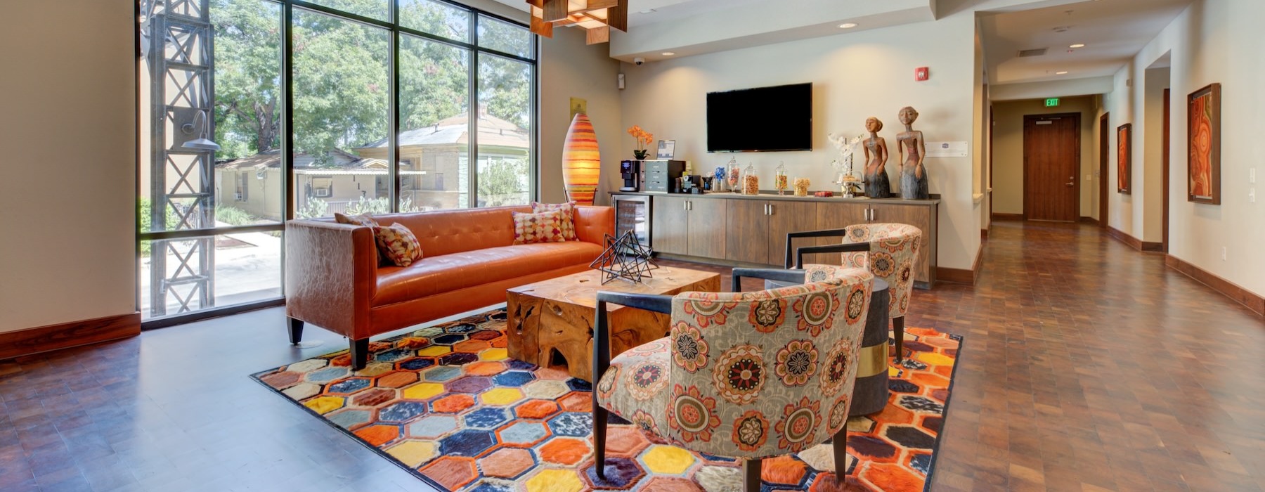 a living room with a large window