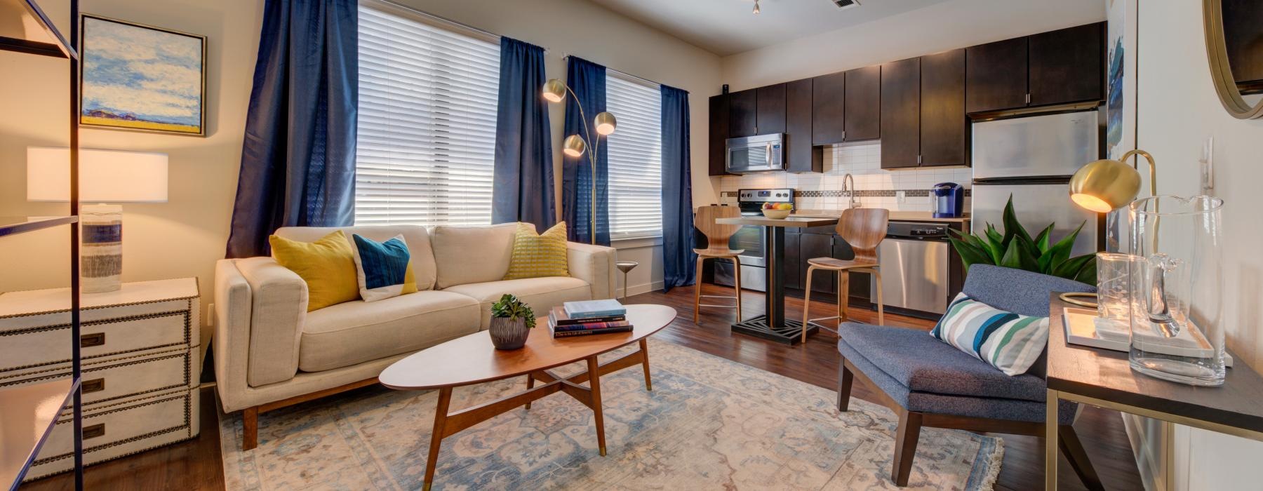 a living room with a couch and a table